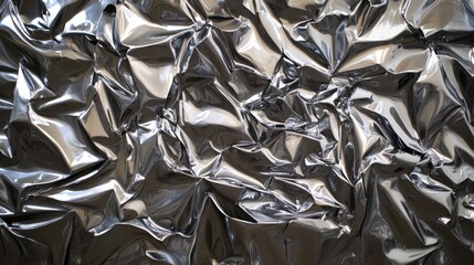 Wrinkled metallic surface of crumpled aluminum foil showcasing texture and reflections ideal for design and background applications