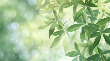 Defocused abstract background featuring lush green cassava leaves with a soft bokeh effect for a tranquil nature theme.
