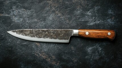 Rustic kitchen knife blade on dark textured background showcasing craftsmanship and sharpness suitable for culinary imagery.