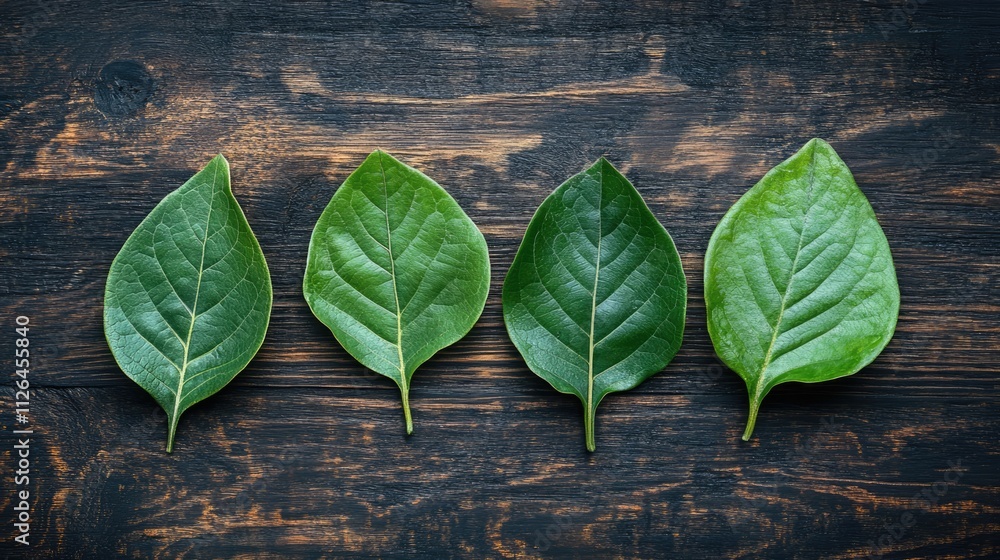 Poster green tropical leaves arranged in a row on a rustic dark wooden background creating a natural and ca