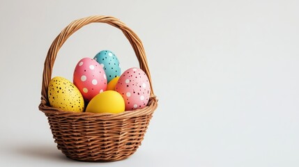 Colorful Easter eggs in a woven basket on a clean white background festive spring holiday decoration concept
