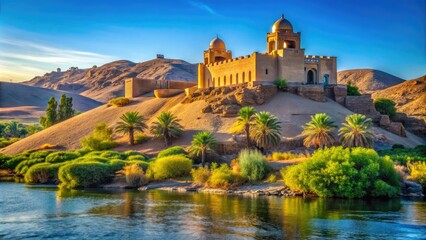 Obraz premium Aga Khan's Aswan mausoleum: a stunning blend of Islamic architecture and Nile River serenity. Candid travel photography captures its timeless beauty.
