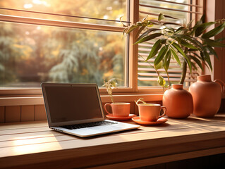 Fototapeta premium Grandiose Laptop computer with blank screen on table mockup copy space