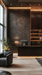 Modern Office Design: Dark Wood, Stone Walls, Ambient Lighting