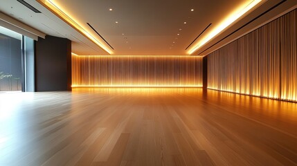 Interior design of a spacious empty room featuring wooden flooring and contemporary lighting for a bright and modern aesthetic