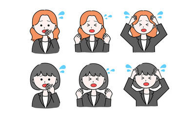 女性イラストセット／焦る／慌てる／パニック（スーツ）