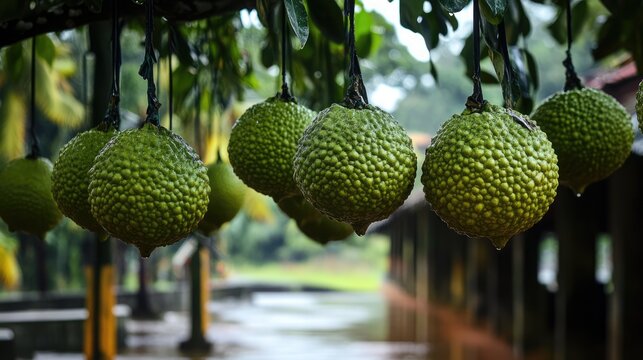 Green lemon tree with hanging fruits, known as limau telur buaya in Malaysia, showcasing textured, fresh produce in a natural setting.