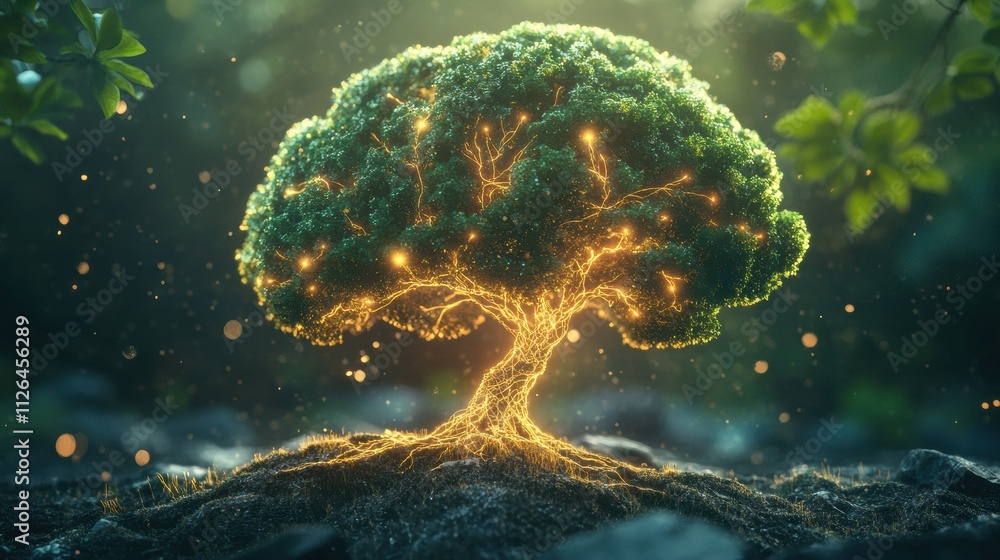 Poster a brain morphs into a tree with luminous neural branches and roots, representing the intertwining of