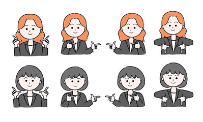 女性イラストセット／指をさす／指さし確認／上下左右（スーツ）