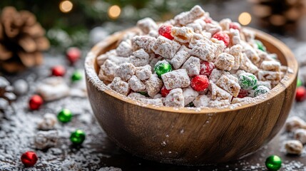 Rustic wooden bowl of Puppy Chow snack with festive red and green candies, on a snowy outdoor table setup