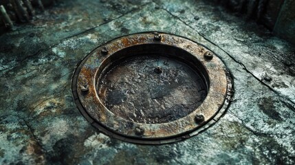 Rusty iron sewer manhole cover on weathered concrete surface in an urban environment conveying age and industrial aesthetics
