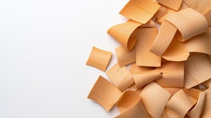 A photostock of delicate wood shavings curled into organic shapes against a seamless white background, perfect for woodworking or crafting themes. High Quality