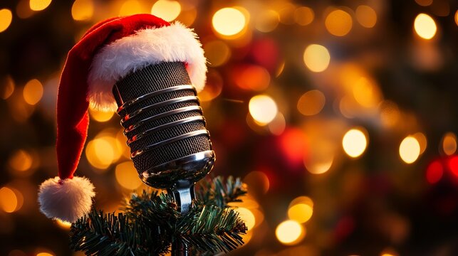 A microphone is adorned with a festive Santa hat and garland, creating a whimsical Christmas atmosphere. This image captures the spirit of the holiday season, where music and cheer fill the air. 