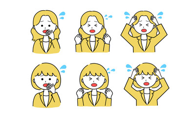 女性イラストセット／焦る／慌てる／パニック（黄色）