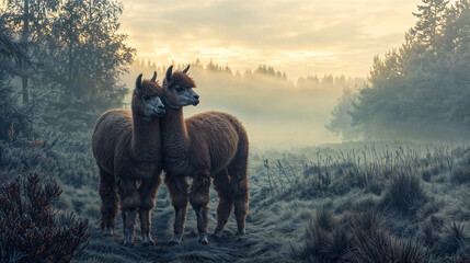 Fototapeta premium Pair of Alpacas Standing in a Misty Forest Meadow During Sunrise with Frost-Covered Grass and Serene Atmospheric Scenery