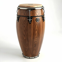 A classic conga drum with rich wood grain