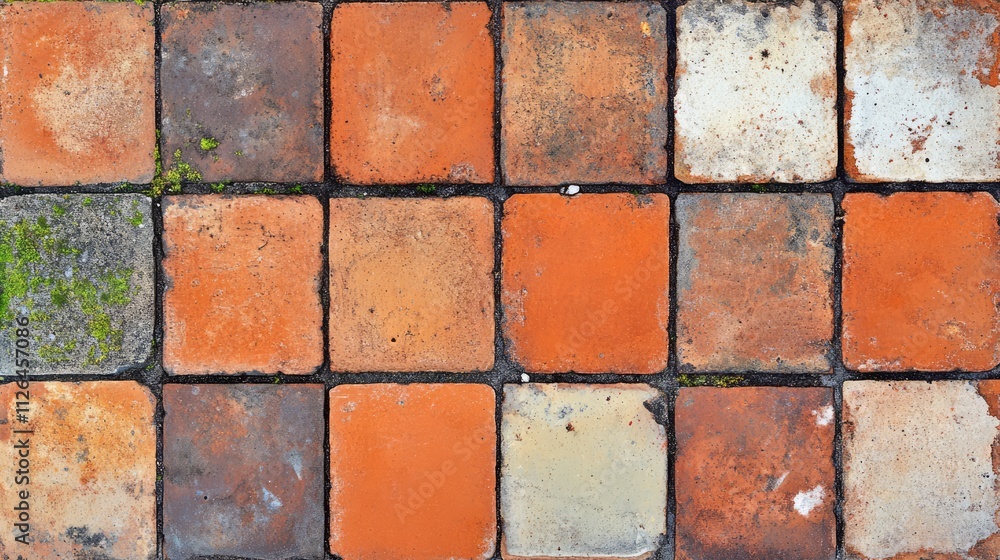 Poster array of weathered red and orange bricks arranged on a construction site surface showcasing texture 