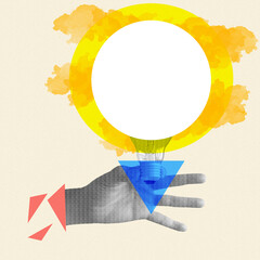 Photo collage for business Black and white photo of hand holding a grungy halftone light bulb. Copy space for text and images. Digital art.