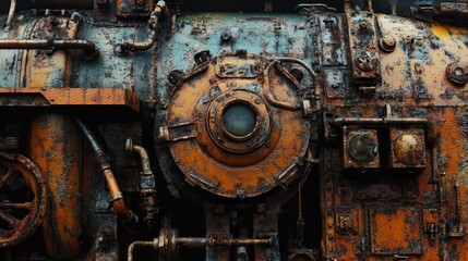 Rusty detail of vintage locomotive engine showcasing weathered metal textures and industrial design elements in a historical context.