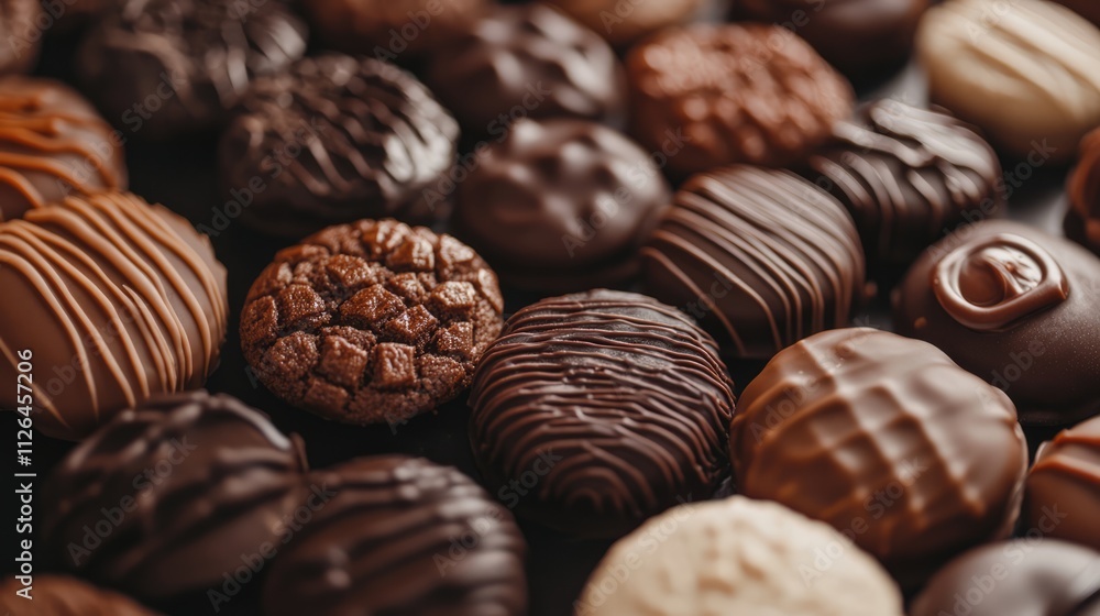 Poster delicious assortment of assorted chocolate cookies showcasing various textures and finishes in a tem