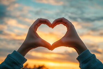 pair of hands forming heart shape against sunset sky soft glow creating dreamy atmosphere with ample copy space