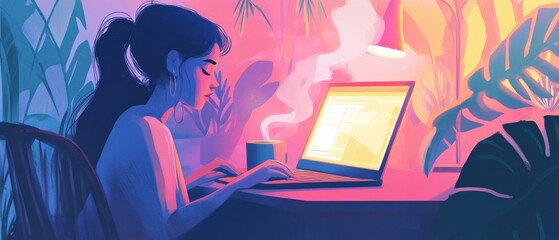 cozy workspace with warm lighting and a laptop