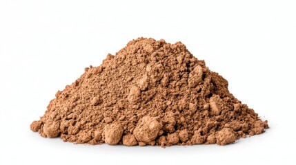 A photostock of finely crushed brown soil forming a smooth pile on a white background, ideal for gardening or environmental themes. High Quality