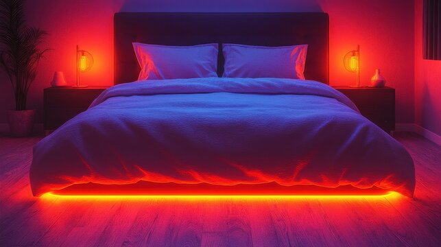 A bed with a red light strip underneath it. The bed is surrounded by lamps and a potted plant
