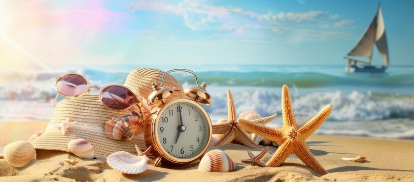 Summertime vacation concept. Time to relax. Last minute deals. Alarm clock with straw hat, starfish on the sand beach and sea background.