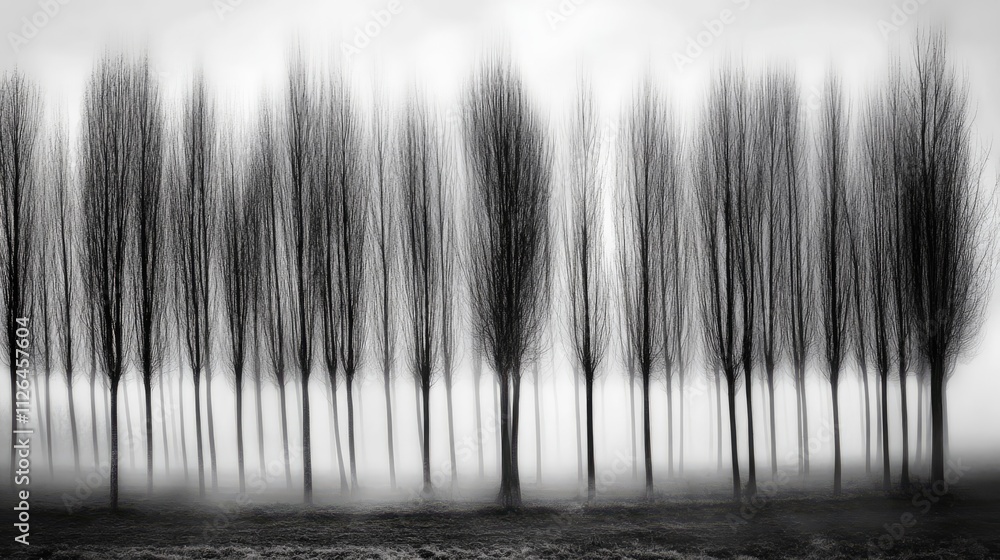 Poster monochrome silhouette of tall trees in a misty forest creating a serene and tranquil atmosphere in b