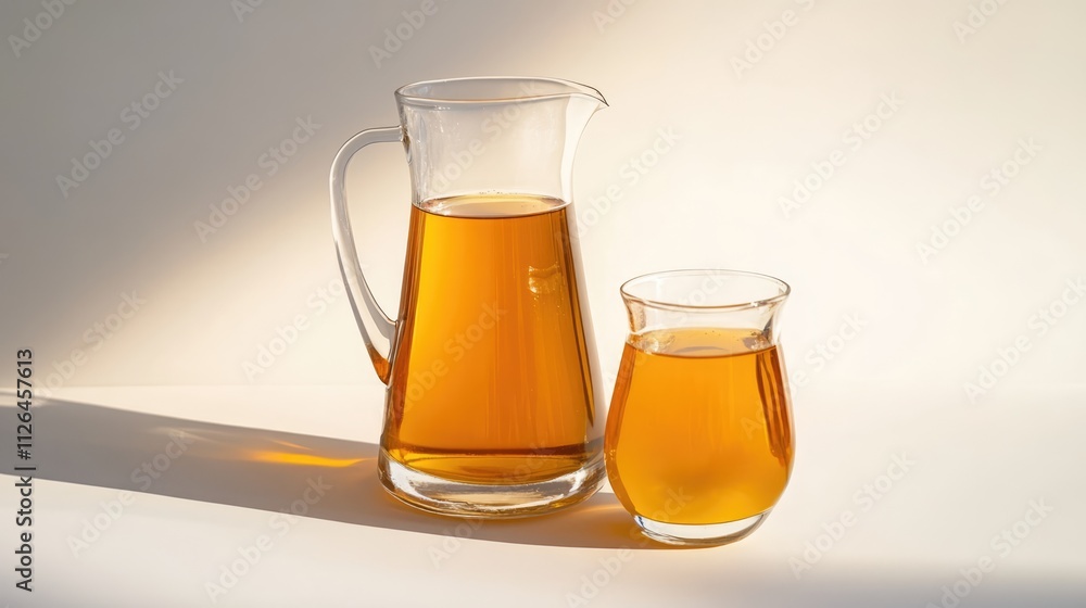 Poster refreshing apple juice served in a clear glass and jug on a soft white background creating an inviti