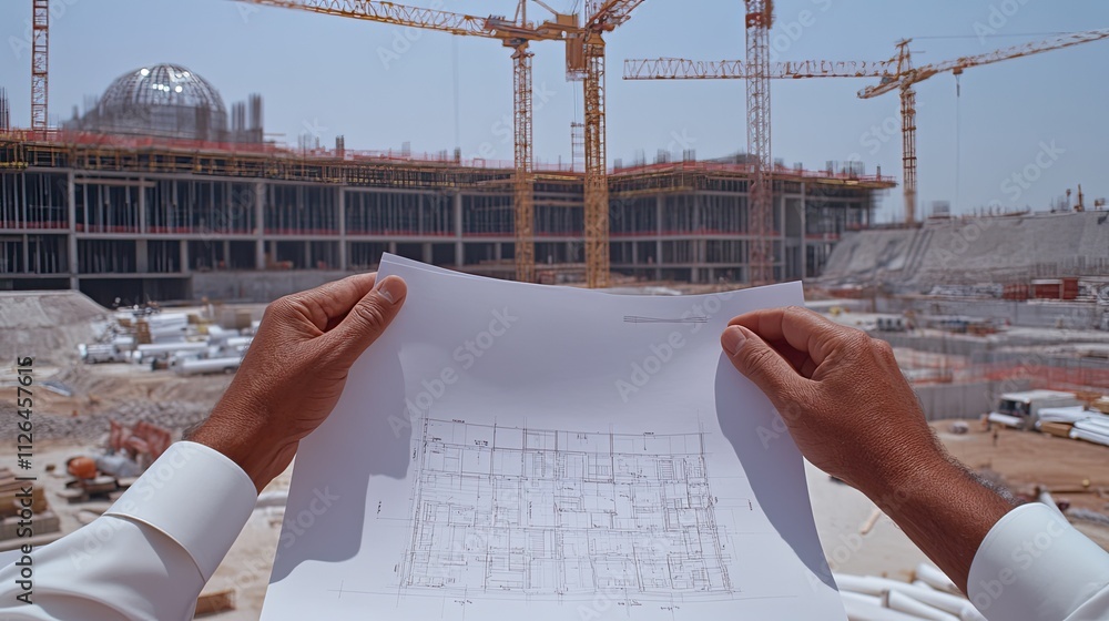 Poster construction site with blueprints in hand, cranes and building framework in background, urban develo