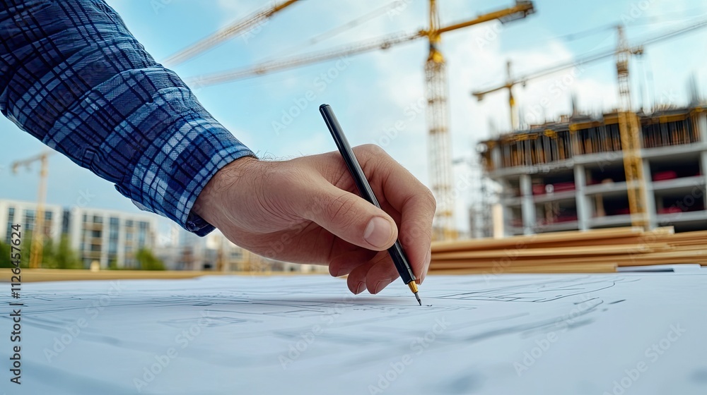 Poster hand of architect drawing blueprint with construction cranes in background at a building site under 