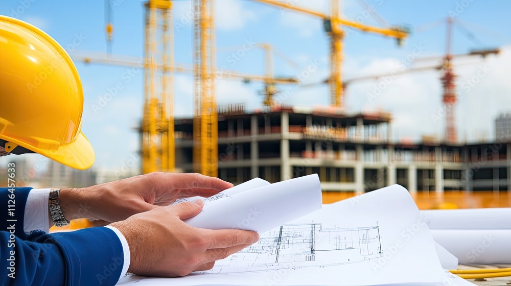 Aufkleber construction worker examining blueprints at a building site with cranes in background under a clear 