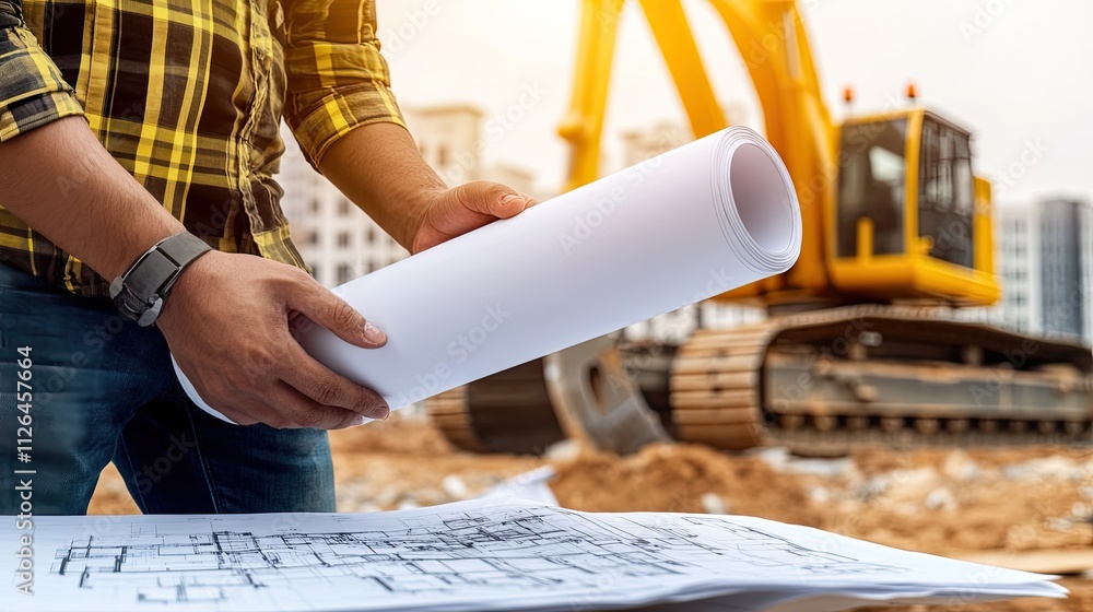 Poster construction worker examining blueprints at building site with heavy machinery in background during 