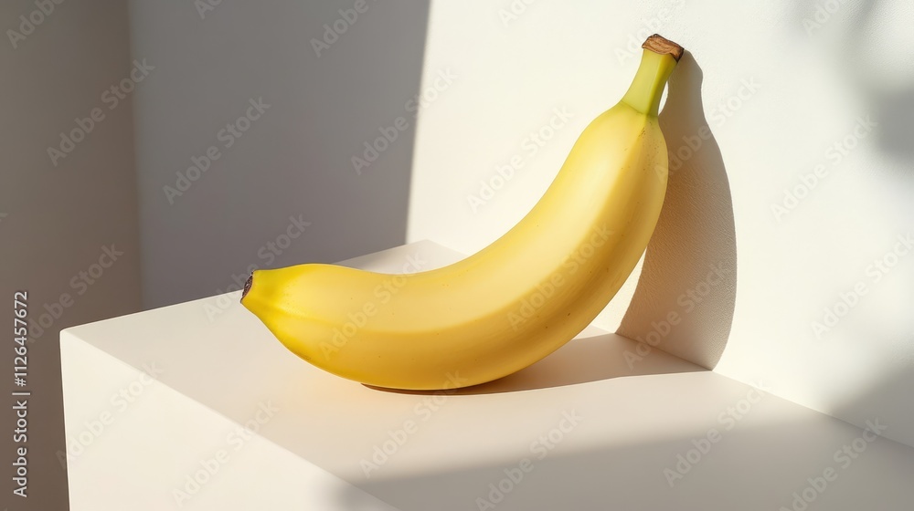 Poster fresh ripe banana on a minimalist display with soft shadows against a clean white background for a m