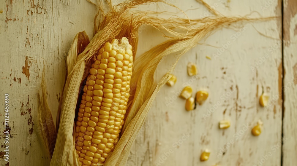 Poster fresh corn on the cob in husk displayed on rustic wooden surface with scattered corn kernels around 