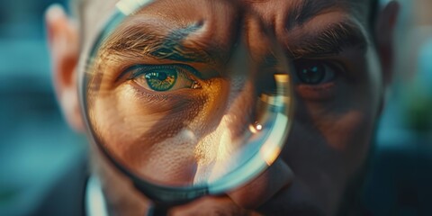 Businessman looking through a magnifying glass, searching, monitoring the situation, Generative AI.