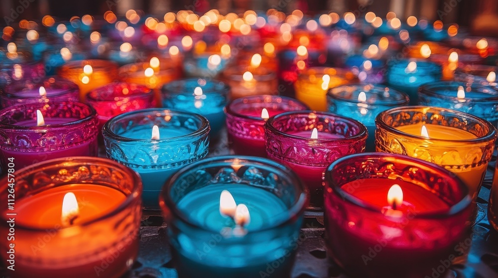 Poster a bunch of colorful candles are lit up in a row. the candles are in different colors and sizes, crea