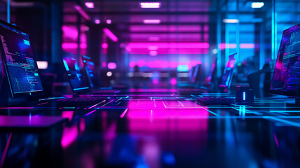 Modern neon cyberpunk-style open office space, blurred with an overlay of information technology for corporate strategy.