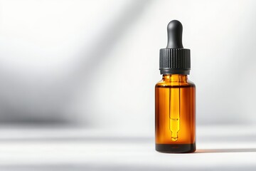 Amber dropper bottle on light background with shadows