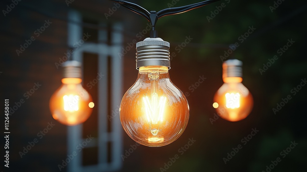 Poster a close up of three light bulbs with a warm glow. the bulbs are hanging from a string and are lit up