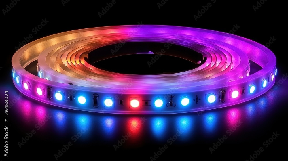 Poster a colorful strip of lights is lit up. the lights are in a rainbow pattern and are arranged in a circ