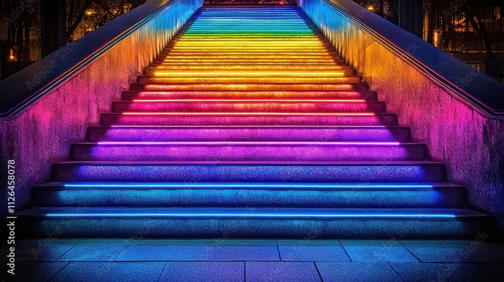 Poster a colorful staircase with lights on it. the lights are in different colors and are arranged in a rai