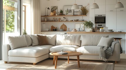Fototapeta premium A living room with a sofa and coffee table, a kitchen in the background, a wooden shelf for storage, and a neutral color palette of a light grey fabric couch.