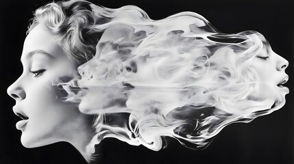 Ethereal faces merging into smoke on a black background, symbolizing imagination and surrealism.