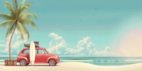 Vintage car on the beach with a surfboard on the roof.