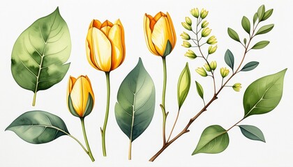 Elegant botanical illustration with tulips and greenery on white background