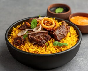 Fototapeta premium Aromatic Yellow Rice Dish Topped with Spiced Beef, Garnished with Mint and Onion Rings for a Flavorful Culinary Experience