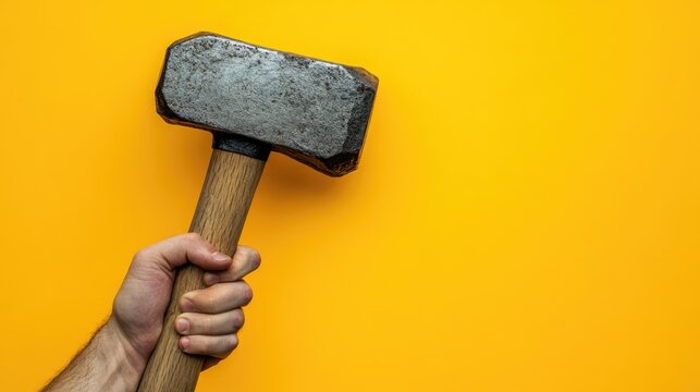 Hand gripping a large hammer against a bright yellow background conveying strength and determination in a bold visual context